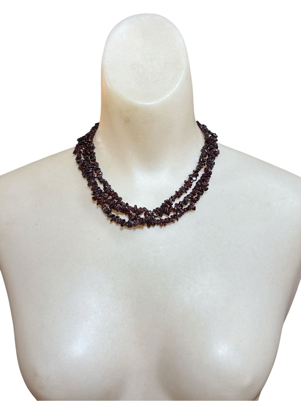 Vintage Triple Strand Garnet Chip Necklace Sterling Silver Clasp 16”